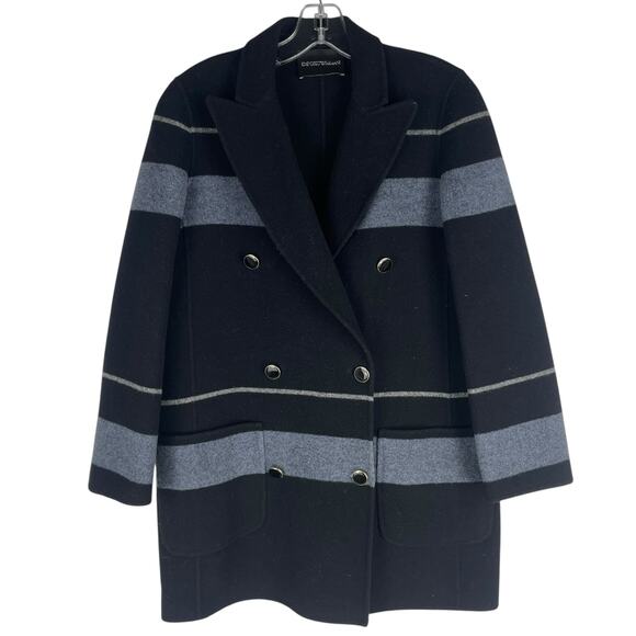 Emporio Armani Wool Cashmere Striped Double Breasted Coat Black Size 40 - Picture 1 of 9